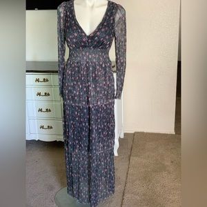 Blue floral maxi dress with long sleeves and a v cut in the front.